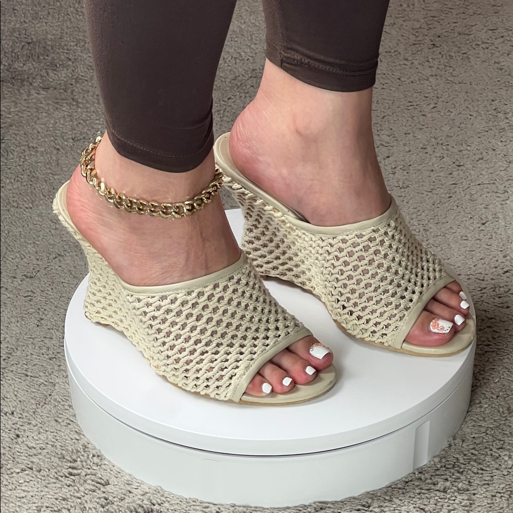 Beige Crochet Woven Open-Toe Wedge Sandals